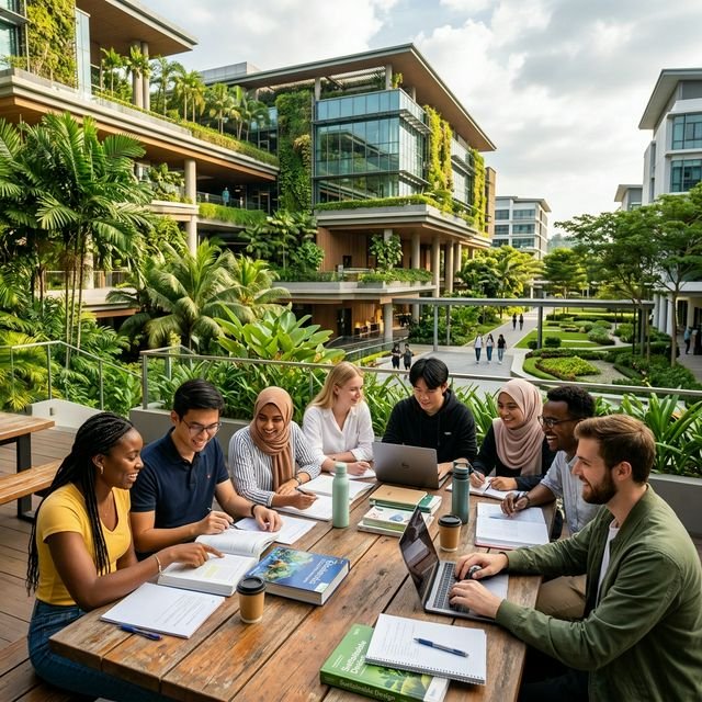 Students studying in a lush green modern campus in Malaysia